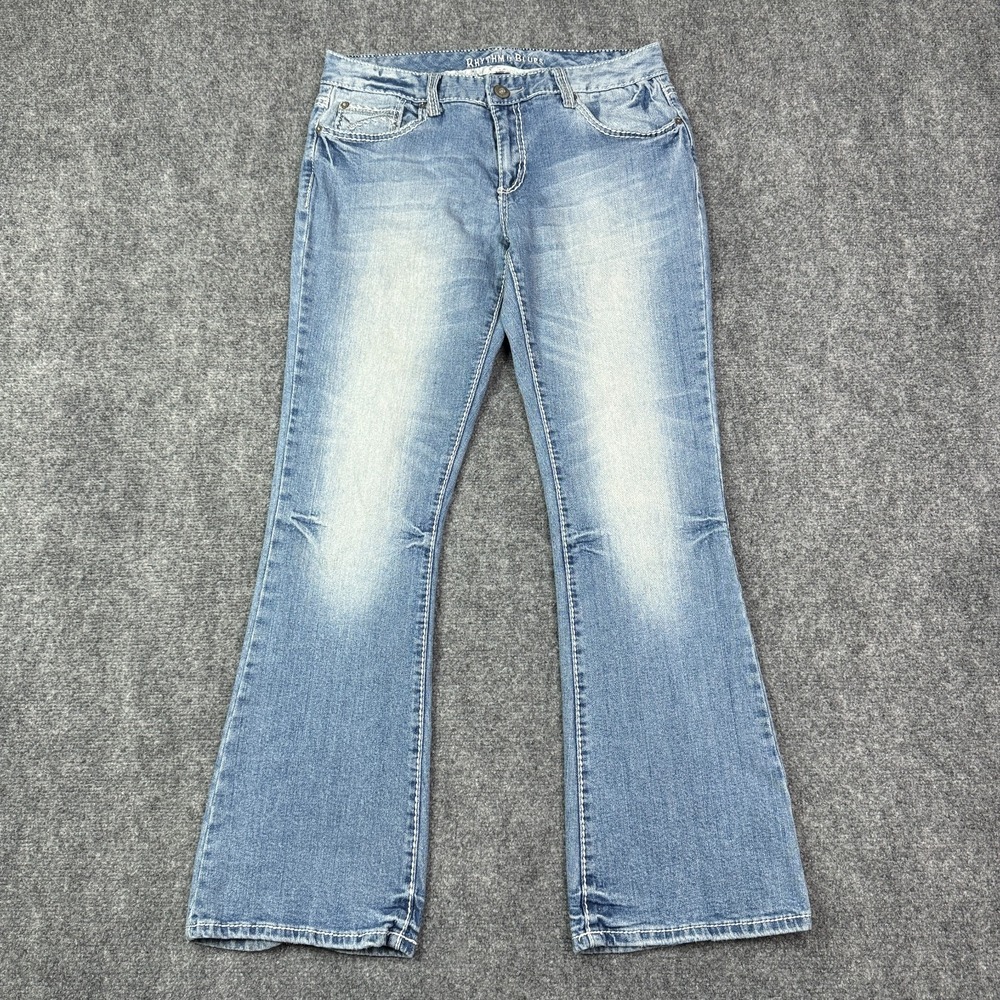 Rhythm in Blues Jeans Womens 10 Modern Bootcut Mid Rise Embroidered Thick Stitch